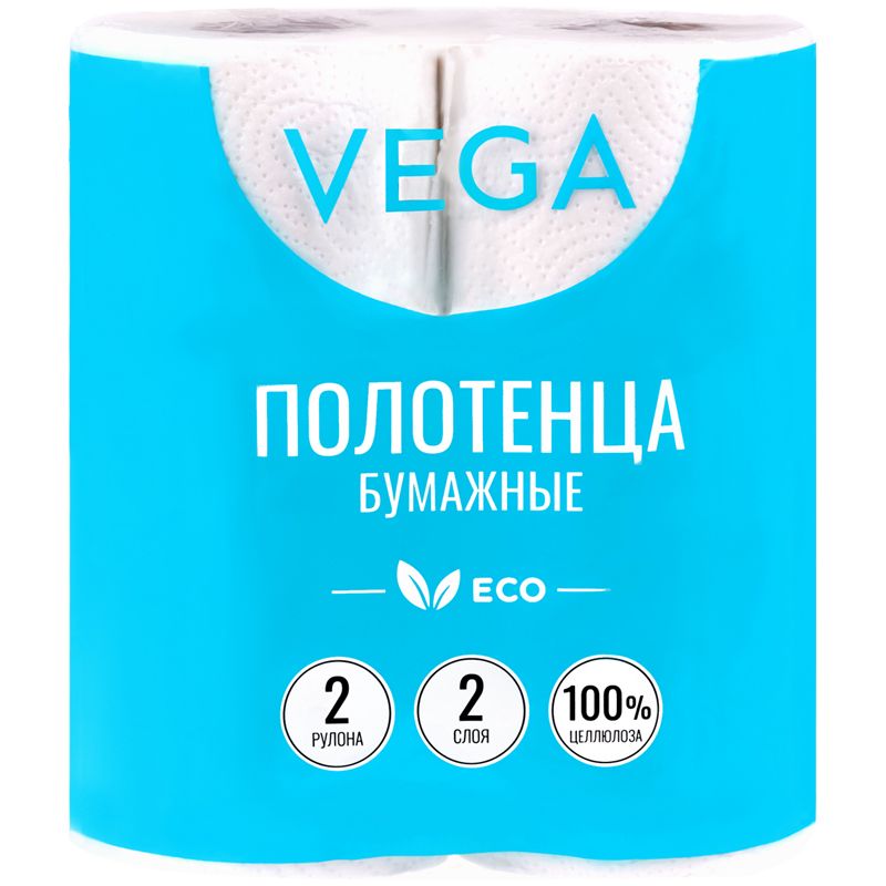 Полотенца бумажные "Vega" 2-слойные, 12м/рул, белые, 2шт. /12/