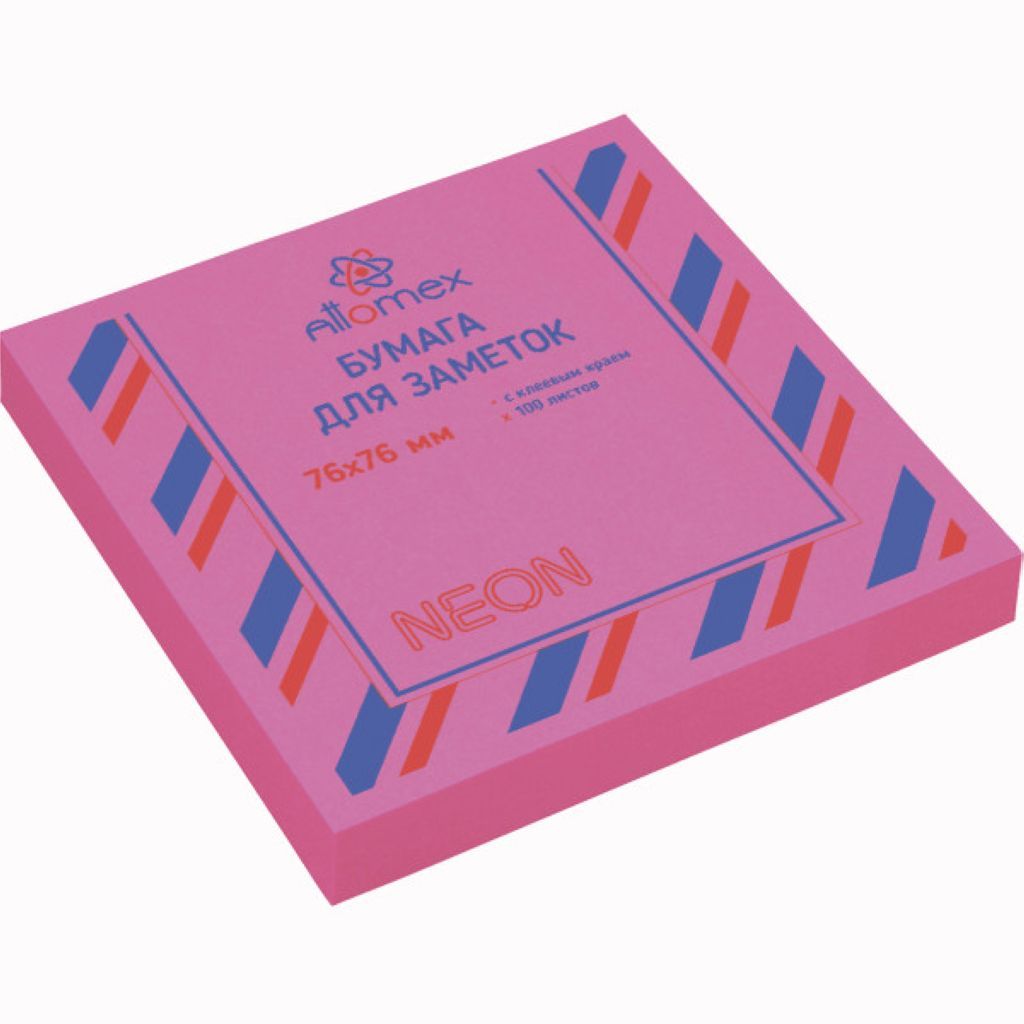 Блок самоклеящийся  76х76мм "Attomex" 100л. неон малиновый /12/